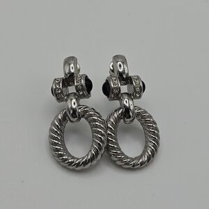 silver tone cable doorknocker style earrings with black and clear accents